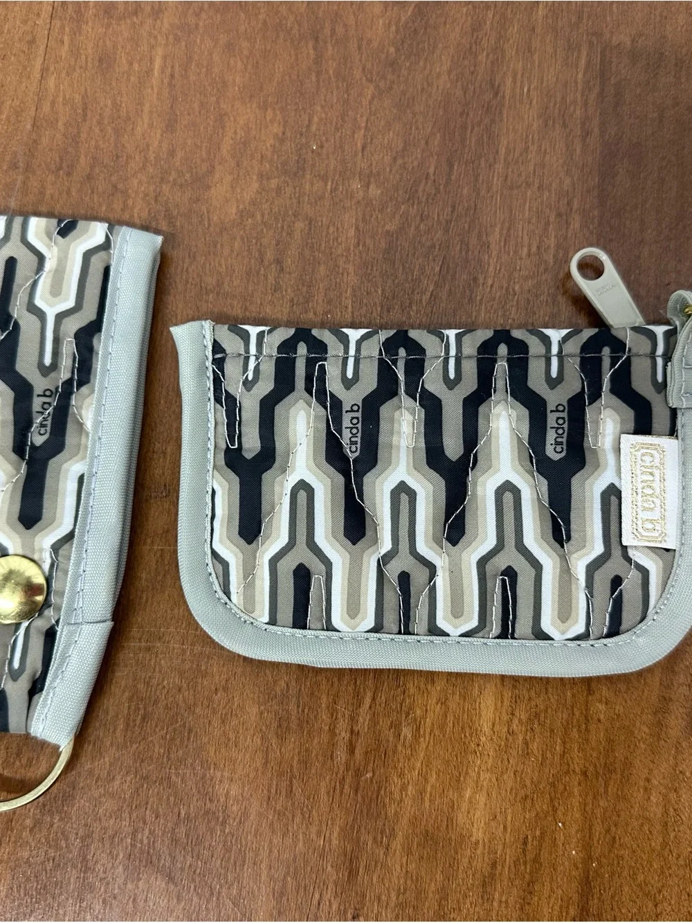 Cinda B Gray and Cream Geometric Wristlet Clutch with Keychain and card holder